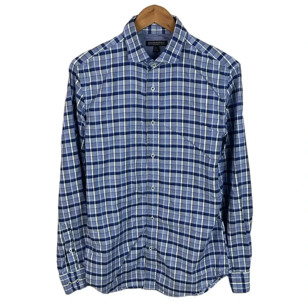 BF793 Mens Banana Republic Soft Washed Tailored Slim Fit Plaid Button Shirt M